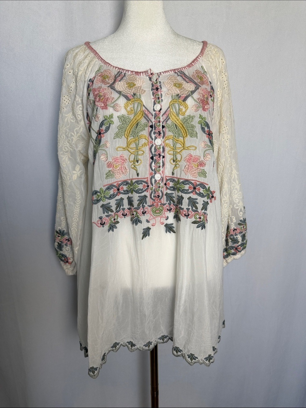 Johnny Was Vista Blouse Boho Embroidered Tunic Blouse Size S Oversized Flowy EUC